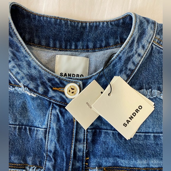 BNWT Sandro Blue Faded Patchwork Denim Jacket - Size 38 - Picture 7 of 8